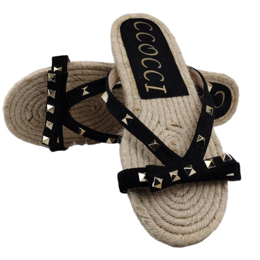 CCOCCI Tan Faux Leather Stud Strappy Upper Open Toe Slip On Flat Sandals